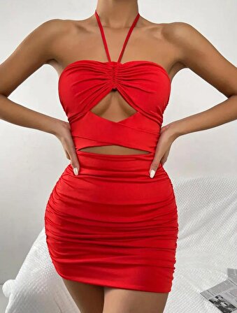 Kırmızı Çapraz Boyun Askılı Halter Hollow Fold Mini Elbise