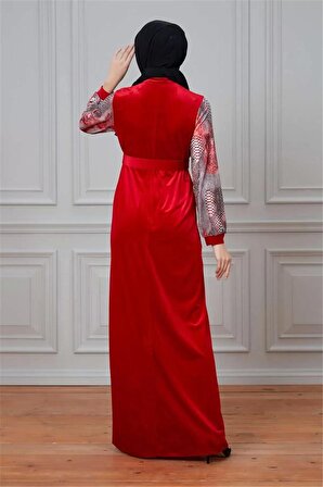 Leila Piton Desenli Kadife Elbise 699-Kırmızı