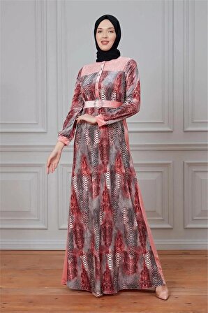 Leila Piton Desenli Kadife Elbise 699-Pudra