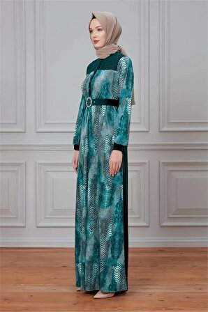 Leila Piton Desenli Kadife Elbise 699-Yeşil