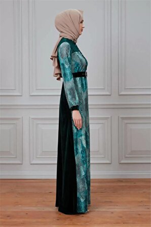 Leila Piton Desenli Kadife Elbise 699-Yeşil