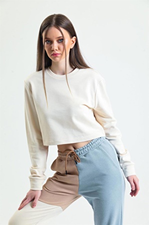 Krem Bisiklet Yaka Crop Sweatshirt