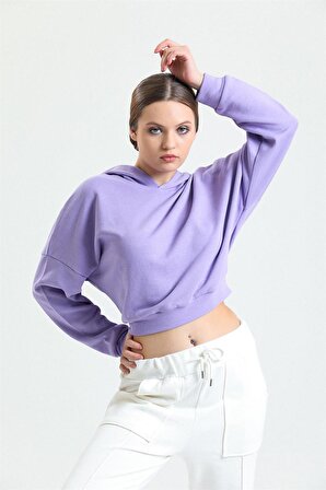 Lila Kapüşonlu Crop Sweatshirt