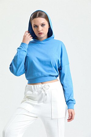 Mavi Kapüşonlu Crop Sweatshirt