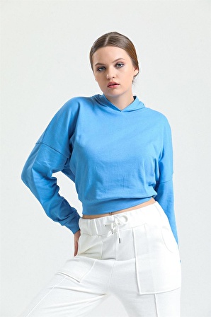 Mavi Kapüşonlu Crop Sweatshirt