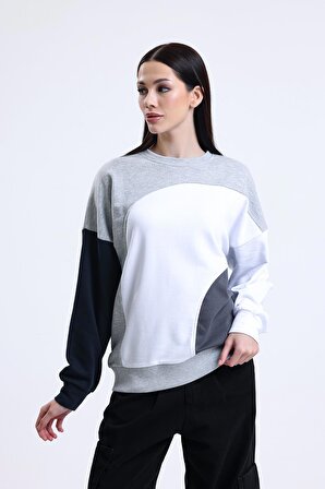 Gri Melanj Parçalı Bisiklet Yaka Sweatshirt