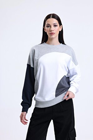 Gri Melanj Parçalı Bisiklet Yaka Sweatshirt