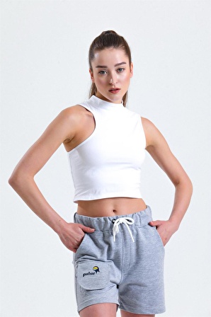 Beyaz Dik Yaka Kol Detaylı %100 Pamuk Crop Top