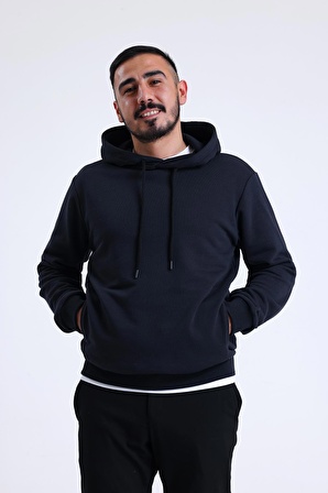 Lacivert Yandan Cepli Kapüşonlu Sweatshirt