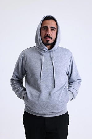 Gri Melanj Yandan Cepli Kapüşonlu Sweatshirt