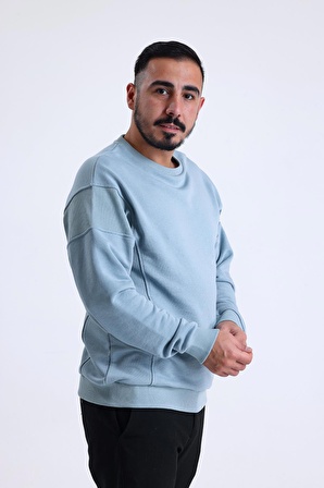 Gök Mavisi Parçalı Kaşkorse Detaylı Bisiklet Yaka Sweatshirt