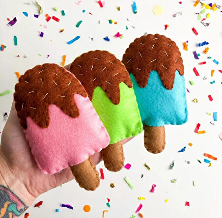3 Parça Rengarenk Çubuk Dondurma Keçe Oyuncak Evcilik Oyun Seti - %100 El Yapımı Organik
