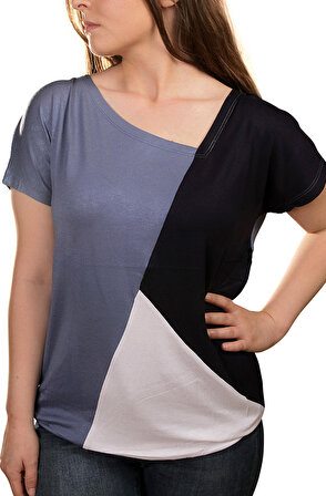 Kadın Lacivert Blok Renk Salaş T-shirt