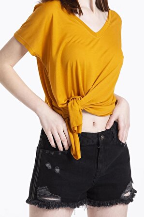 Kadın Düz Asimetrik Kesim Kısa Kol Uzun T-shirt-bluz
