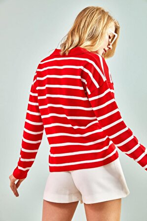 Kadın Kırmızı Polo Yaka Çizgili Triko Bluz