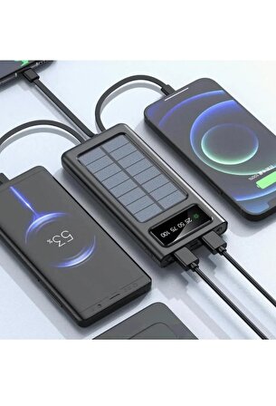 QASUL 20000 mAh Güneş Enerjili Powerbank 4 Adet Çıkış Lightning Micro USB Type-C USB Solar Enerji Powerbank Dahili Fener Taşınabilir Portatif Güç Bankası