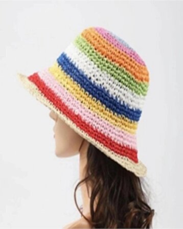 Kadın Hasır Renkli El Örgüsü Bucket Şapka