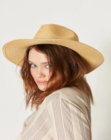 Kadın Bej Şerit Detaylı Açık Geniş Hasır Şapka
