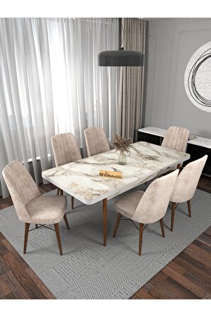 Riff Efes 80x130 Cm Açılır Yemek Masası , 6 Kişilik Masa Sandalye Takımı - Krem