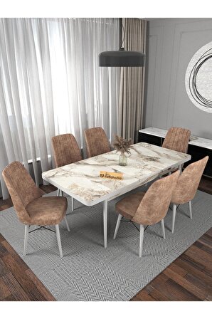 Riff Raw Efes 80x130 Cm Açılır Yemek Masası , 6 Kişilik Masa Sandalye Takımı - Cappucino