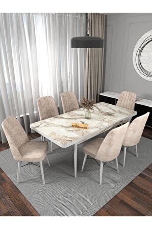 Riff Raw Efes 80x130 Cm Açılır Yemek Masası , 6 Kişilik Masa Sandalye Takımı - Krem