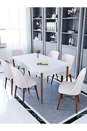 Ovo Beyaz 80x130 Cm Açılır Yemek Masası , 6 Kişilik Masa Sandalye Takımı - Krem