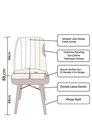 Aras Lex Serisi ,1 Adet Silinebilir Nubuk  Kumaş , Sandalye , Mutfak Sandalyesi - Krem
