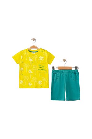 Palmiye Baskılı Nakışlı Şortlu Erkek Takım Sarı-Yeşil