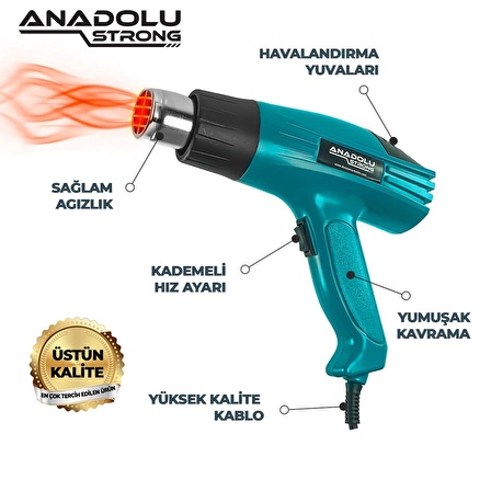 Anadolustrong ANS1010 Sıcak Hava Tabancası 2000W Kademeli Otomatik Korumalı Aksesuar Hediyeli