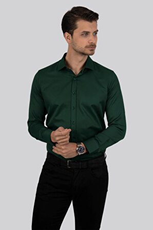 Kına Yeşili Kare Düğmeli Slimfit Gömlek