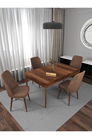 Riff Serisi , 80x130 Kapalı 80x170 Açık Barok Mutfak Masa Takımı 4 Kahverengi Sandalye