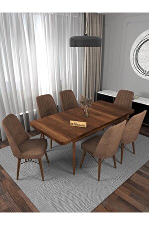 Riff Serisi , 80x130 Kapalı 80x170 Açık Barok Mutfak Masa Takımı 6 Kahverengi Sandalye