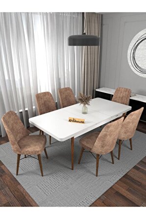 Riff Serisi , 80x130 Kapalı 80x170 Açık Beyaz Mutfak Masa Takımı 6 Cappucino Sandalye