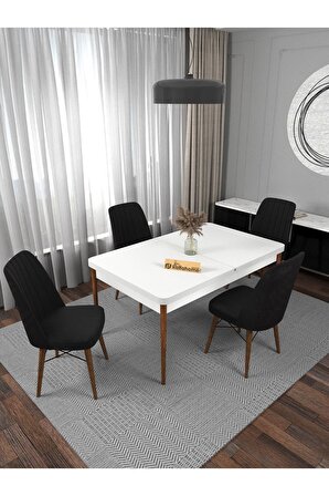 Riff Serisi , 80x130 Kapalı 80x170 Açık Beyaz Mutfak Masa Takımı 4 Siyah Sandalye