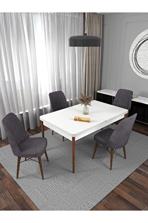 Riff Serisi , 80x130 Kapalı 80x170 Açık Beyaz Mutfak Masa Takımı 4 Gri Sandalye