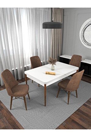 Riff Serisi , 80x130 Kapalı 80x170 Açık Beyaz Mutfak Masa Takımı 4 Kahverengi Sandalye