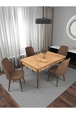 Riff Serisi , 80x130 Kapalı 80x170 Açılabilir Atlantik Çam Mutfak Masa Takımı 4 Kahverengi Sandalye