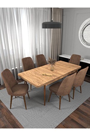 Riff Serisi , 80x130 Kapalı 80x170 Açılabilir Atlantik Çam Mutfak Masa Takımı 6 Kahverengi Sandalye