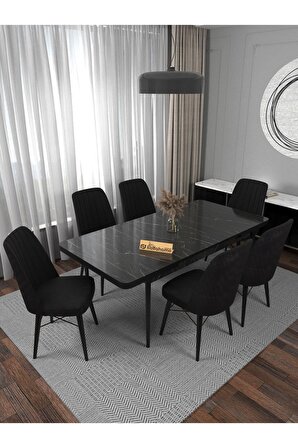 Riff Lex , 80x130 Kapalı 80x170 Açılabilir Siyah Mermer Mutfak Masa Takımı 6 Siyah Sandalye