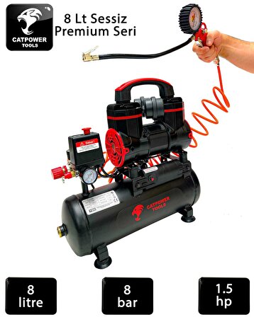 Catpower ROWCAT 1110 Sessiz Yağsız 8 Lt Kompresör 1.5 Hp 5 Parça Havalı Set Premium Seri Hızlı Dolum