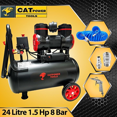 Catpower 24 Litre Sessiz Hava Kompresörü 1.5 Hp Bakır Sargı Motor 8 Bar 15 Metre Spiral Hava Hortumu