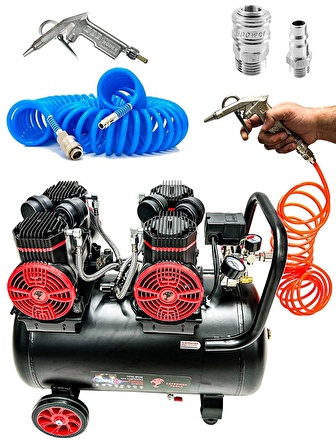 Catpower 50 Litre Sessiz Hava Kompresörü 4 Hp Bakır Sargı Motor 8 Bar 15 Metre Spiral Hava Hortumu v