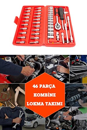 GERMANY STYLE Profesyonel 46 Parça Tornavida Lokma Takımı Araç Onarımı Cırcırlı Lokma Seti Krom Vana