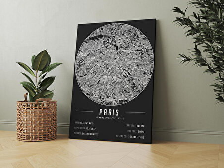 Paris 50x70 cm Şehir Haritası Kanvas Tablo