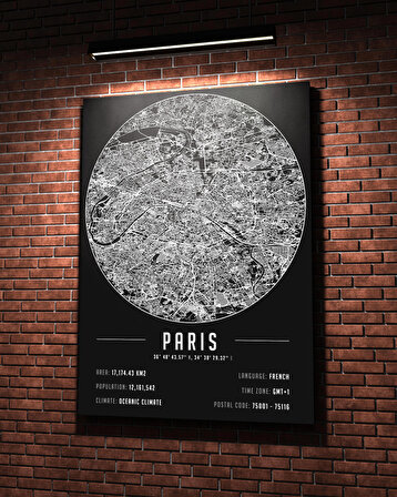 Paris 50x70 cm Şehir Haritası Kanvas Tablo