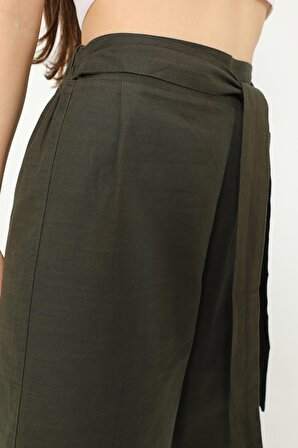 Kadın Beli Lastikli Kuşaklı Pamuklu Bol Paça Rahat Kesim Pantolon