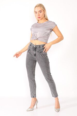 Kadın Zigzag Detaylı Mom Jeans Kot Pantolon