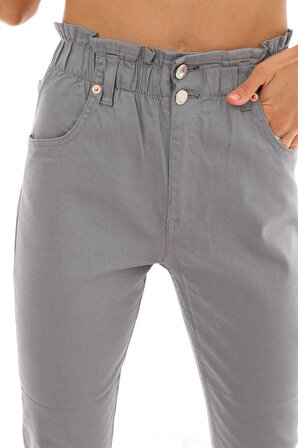 Kadın Beli Lastikli Yüksek Bel Likralı Çift Düğmeli Kot Pantolon