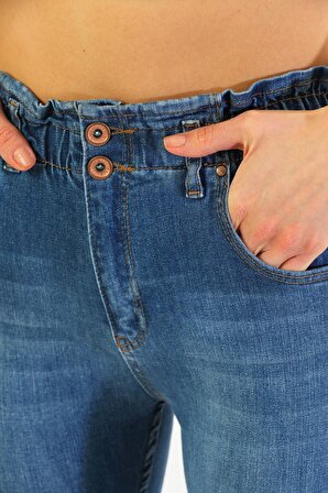 Kadın Beli Lastikli Yüksek Bel Likralı Çift Düğmeli Kot Pantolon