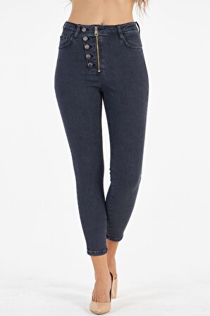 Kadın Yüksek Bel Full Likralı Skinny Jean Dar Kesim Düğme Fermuar Detaylı Kot Pantolon